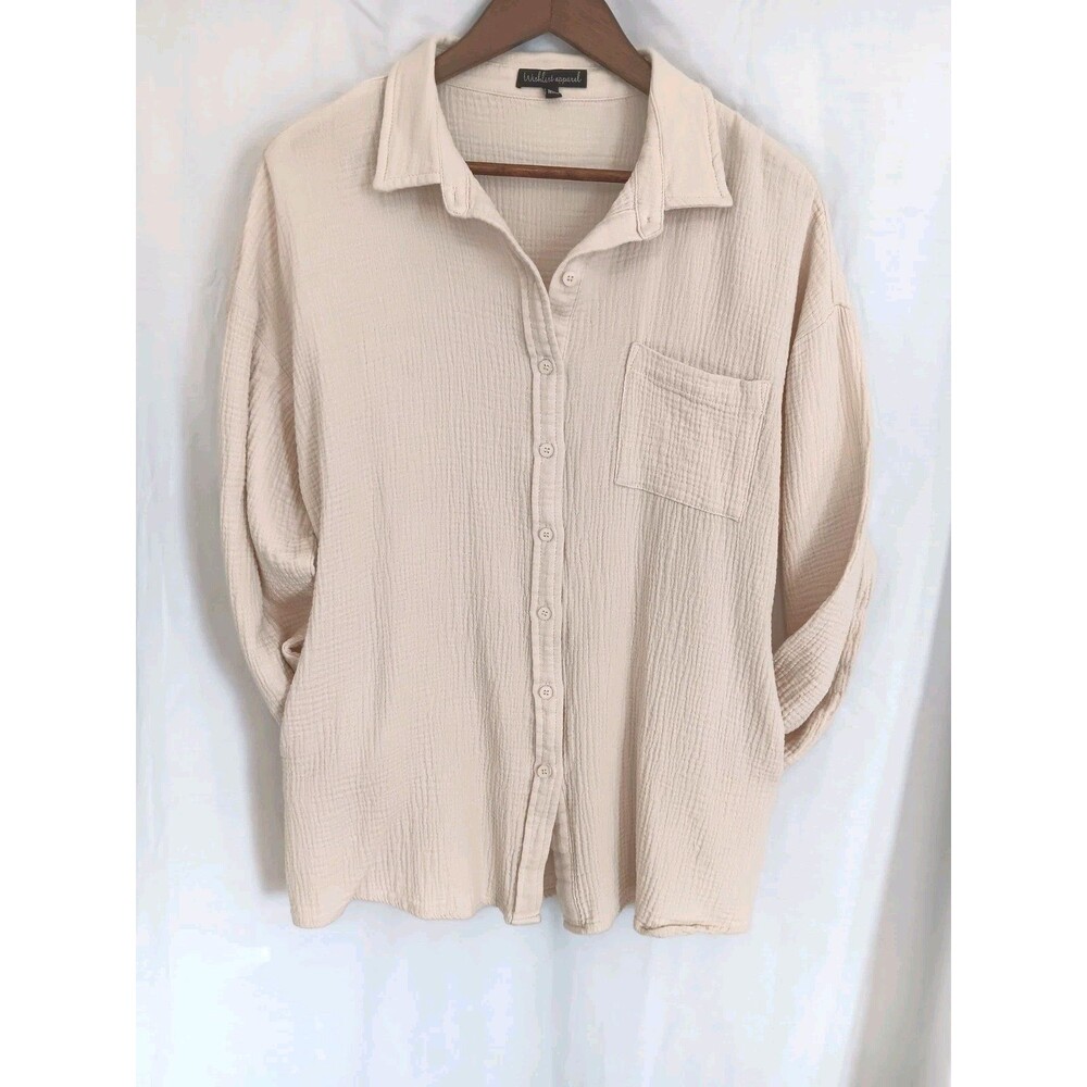 Wishlist Apparel Women L Cream Gauze Cotton Button Down Shirt Oversized